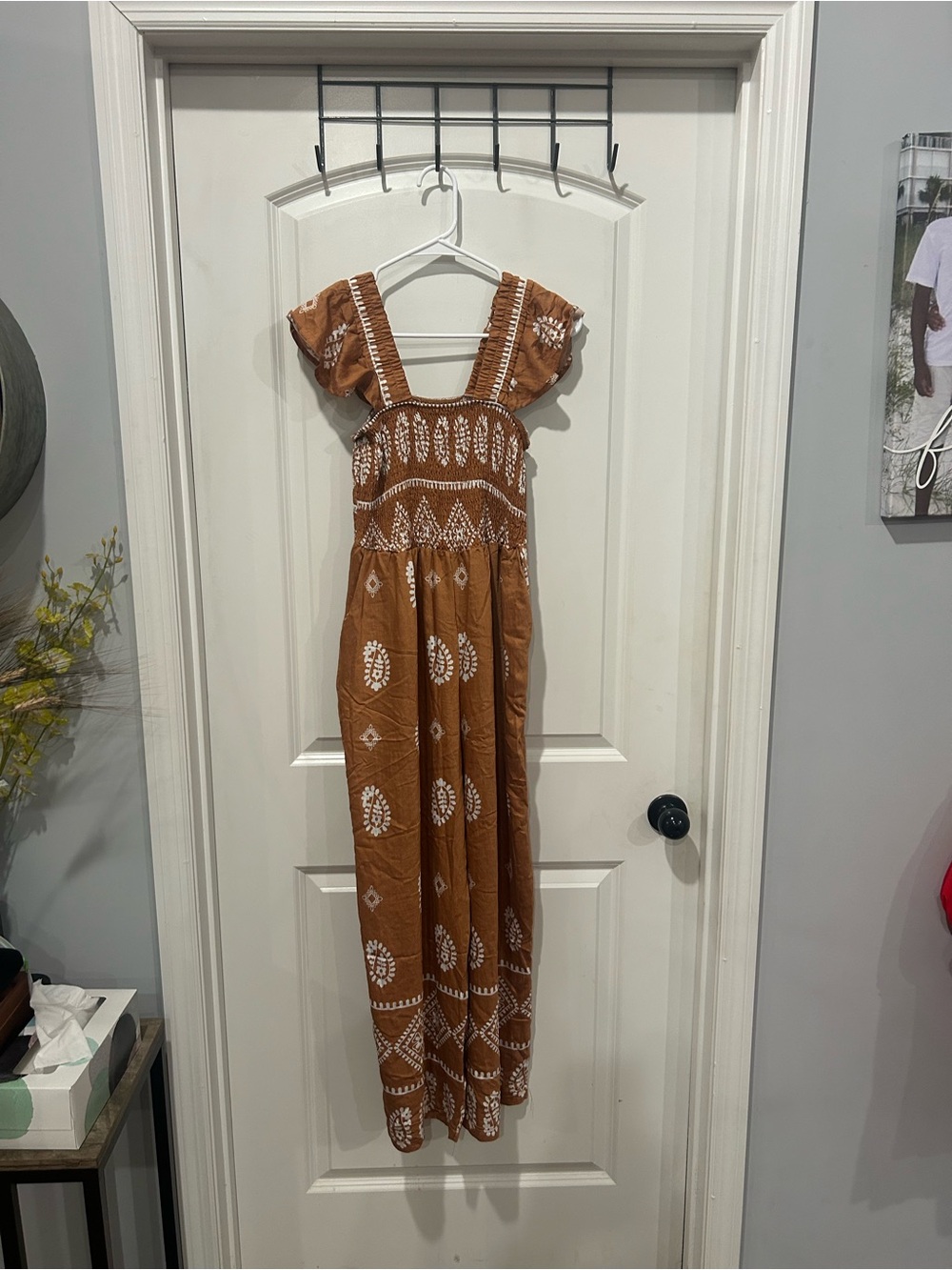 Rust Brown Boho Maxi Jumpsuit with White Embroidery